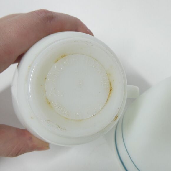 Anchor Hocking Anchorware 4 Teal Blue Stripe Coffee Mugs 910 Cups Vtg Milk Glass - Picture 12 of 14